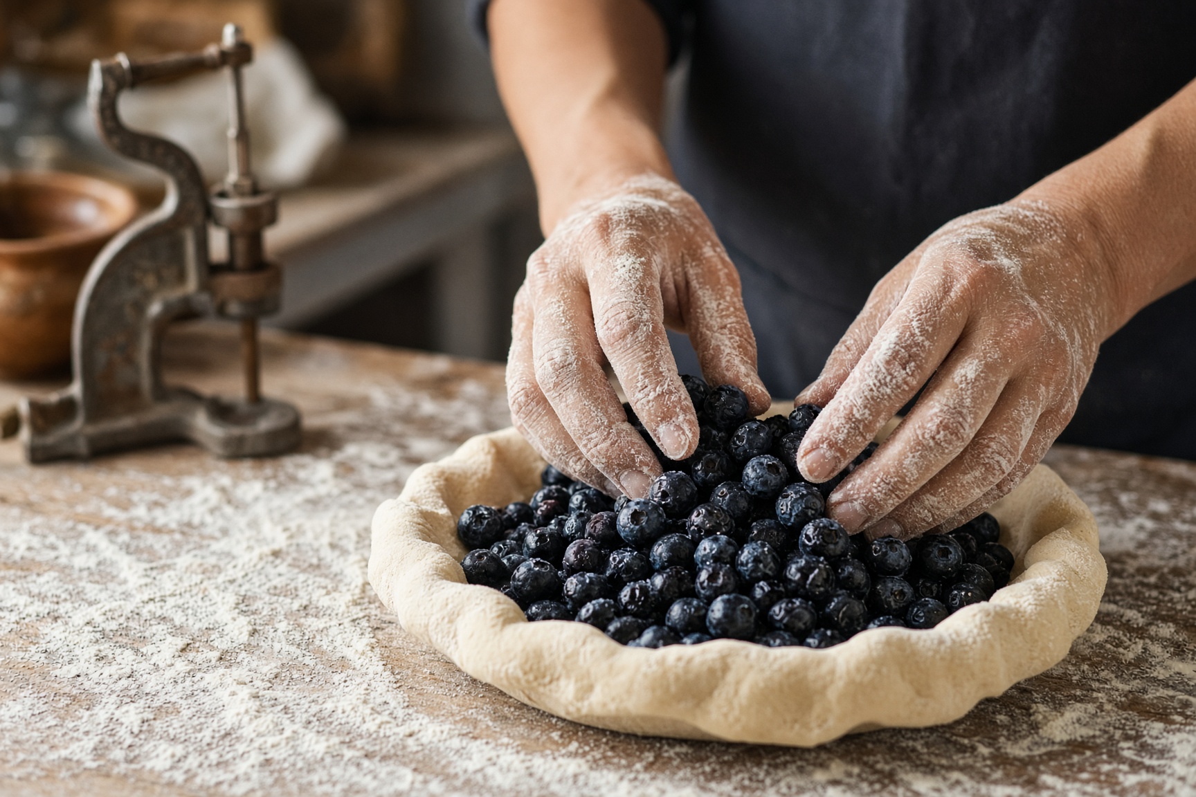 Hands filling a pie crust with fresh blueberries