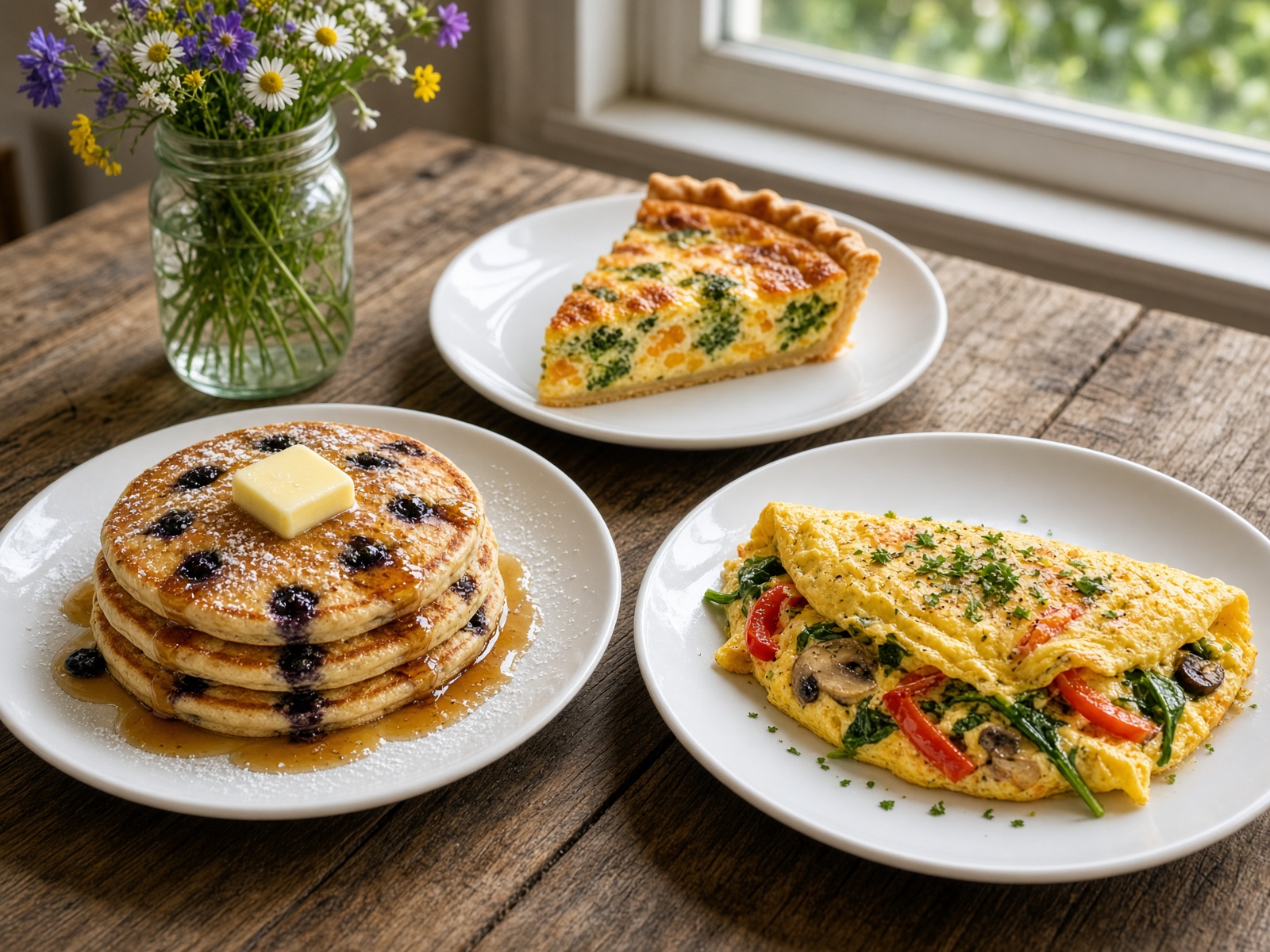 Blueberry pancakes, omelette, and quiche on a farm cafe table